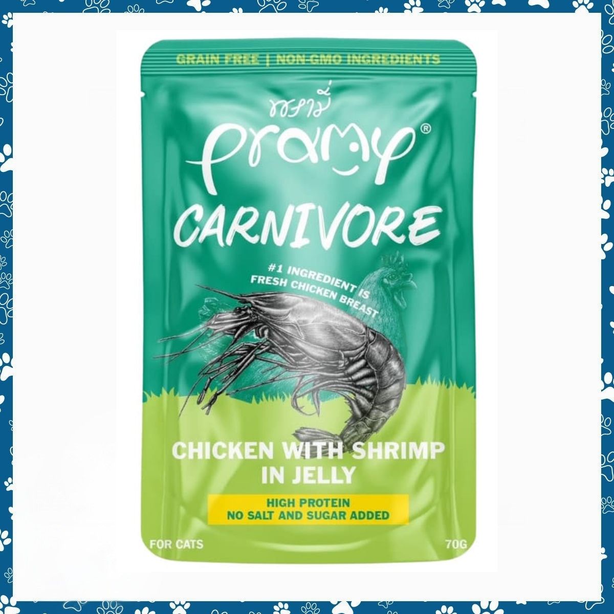 Pramy Carnivore Cat Pouch Chicken With Shrimp In Jelly 70gm Pramy Carnivore Cat Pouch Chicken With Shrimp In Jelly 70gm