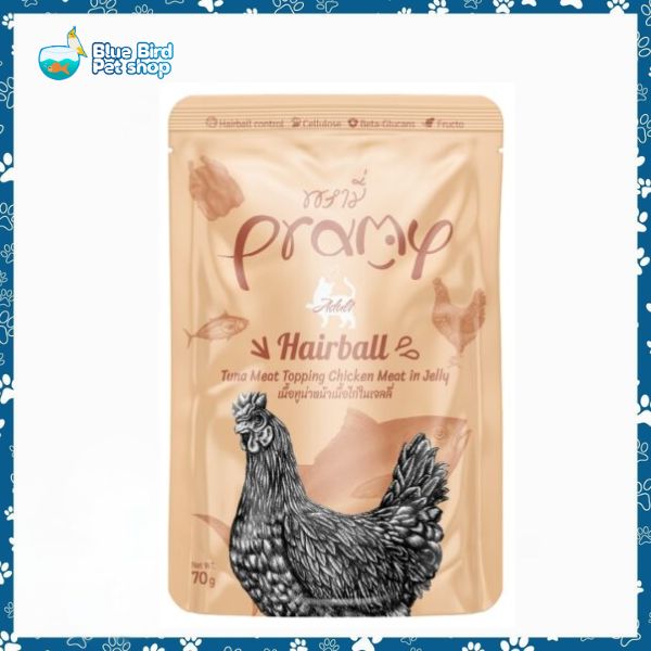 Pramy Cat Pouch Hairball Tuna Meat Topping Chicken Meat In Jelly 70gm (For Adult Cats) Pramy Cat Pouch Hairball Tuna Meat Topping Chicken Meat In Jelly 70gm (For Adult Cats)