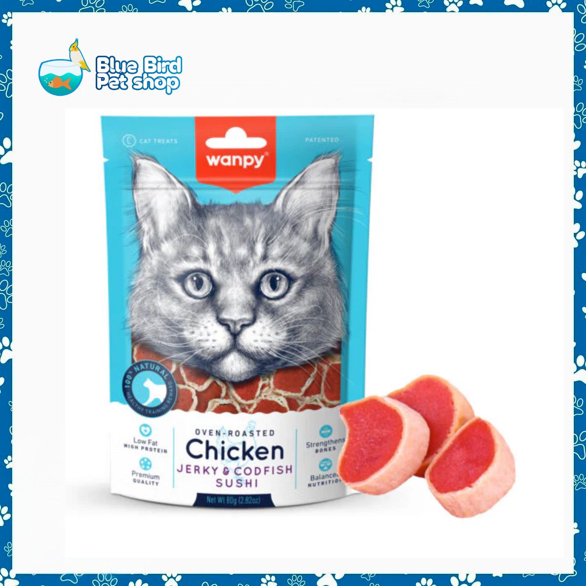 Wanpy Oven Roasted Jerky Cat Treat Real Chicken Jerky & Cod Fish Sushi 80gm Wanpy Oven Roasted Jerky Cat Treat Real Chicken Jerky & Cod Fish Sushi 80gm