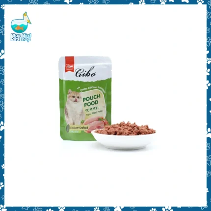 GIBO Cat Pouch Chicken & Seafood 85g shreds in gravy wet cat food with tender meat pieces for healthy feline nutrition