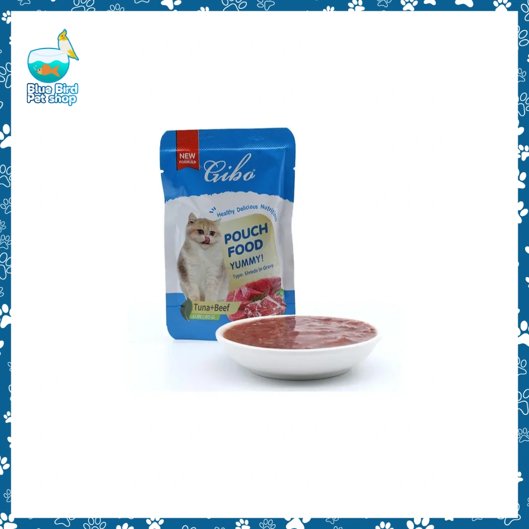 GIBO Cat Pouch Tuna & Beef 85g (Shreds in Gravy) GIBO Cat Pouch Tuna & Beef 85g shreds in gravy wet cat food pouch pack