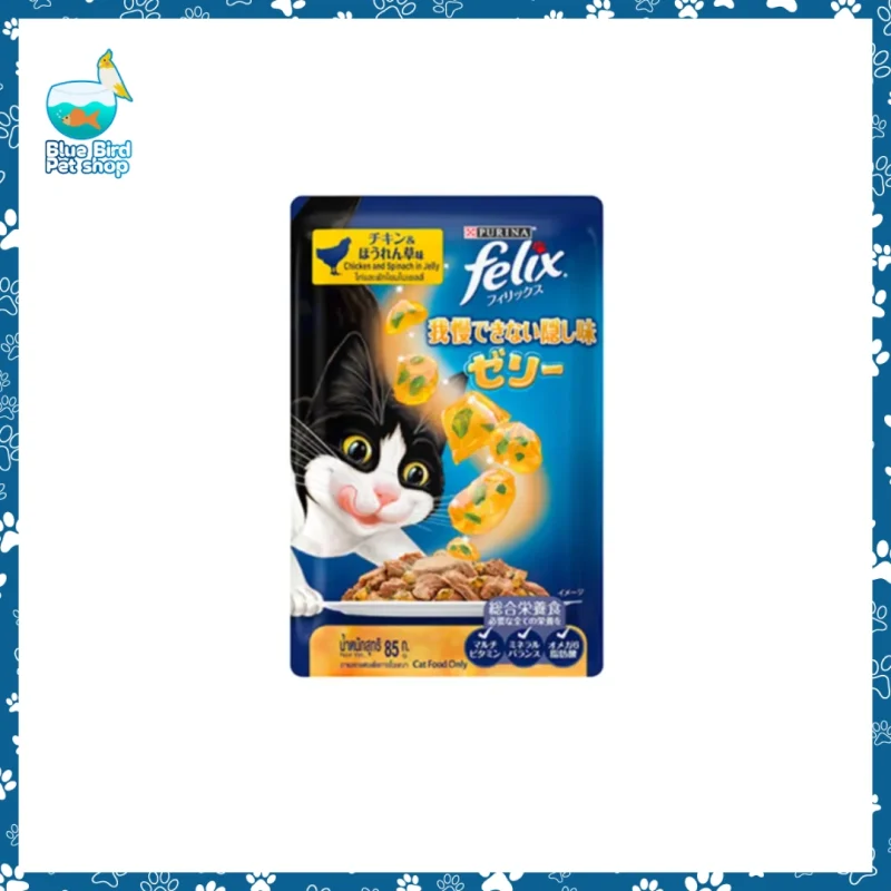Purina Felix Adult Chicken and Spinach With Jelly 85g wet cat food pouch at Blue Bird Petshop Bashundhara