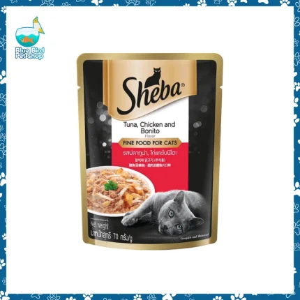 Sheba Pouch Tuna Chicken and Bonito 70g premium wet cat food for adult cats at Blue Bird Petshop Bashundhara